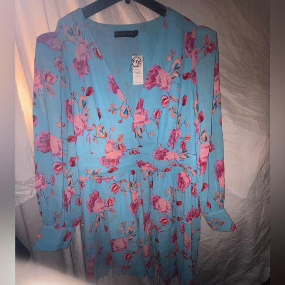 Fashion to Figure Pink Asymmetrical Wrap Dress with Bishop Sleeves garden girl - Picture 3 of 8